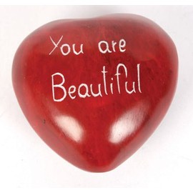 Sentiment Pebble You Are Beautiful - Heart Shaped Love Message Paperweight - Red Hand Carved Stone Paperweight