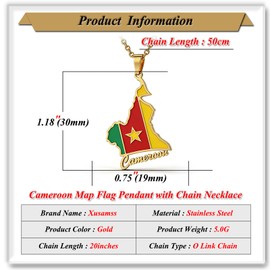 Xusamss Cameroon Map Pendant Necklace for Men Women, Stainless Steel Enamel Cameroonian Chain with Flag Charm, 50cm Length, Lightweight Fashion Jewelry(Gold)