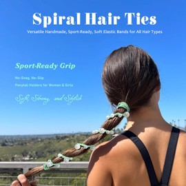 Cute Pearl Hair Ties for Women 25" Hand Braided Sport Ponytail Holders Long Pony Tail Wrap for Workouts, Daily Use, Beach,Swim,Surf,Diving Tangle Free Hair Accessories for Thick Curly Hair(Aqua)