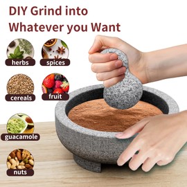Large Mortar and Pestle - 4 Cup Unpolished Granite Bowl Molcajete Mexican Mortar Handmade Stone Grinder for Guacamole Pastes Pestos in Family Day, Mortar and Pestle, Gray, 8 Inches