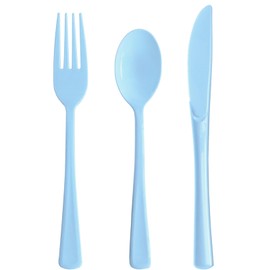 joy akkess 150 Pack Blue Plastic Silverware, Light Blue Plastic Utensils Heavy Duty, 50 Forks, 50 Knives, 50 Spoons for Birthday Wedding Baby Shower Boy
