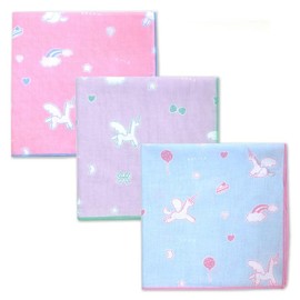 Gauze Handkerchief, Unicorn, Pink, Purple, Light Blue, Set of 3, Made in Japan, 100% Cotton, 13.8 x 13.8 inches (35 x 35 cm), Iroha Mameo Series