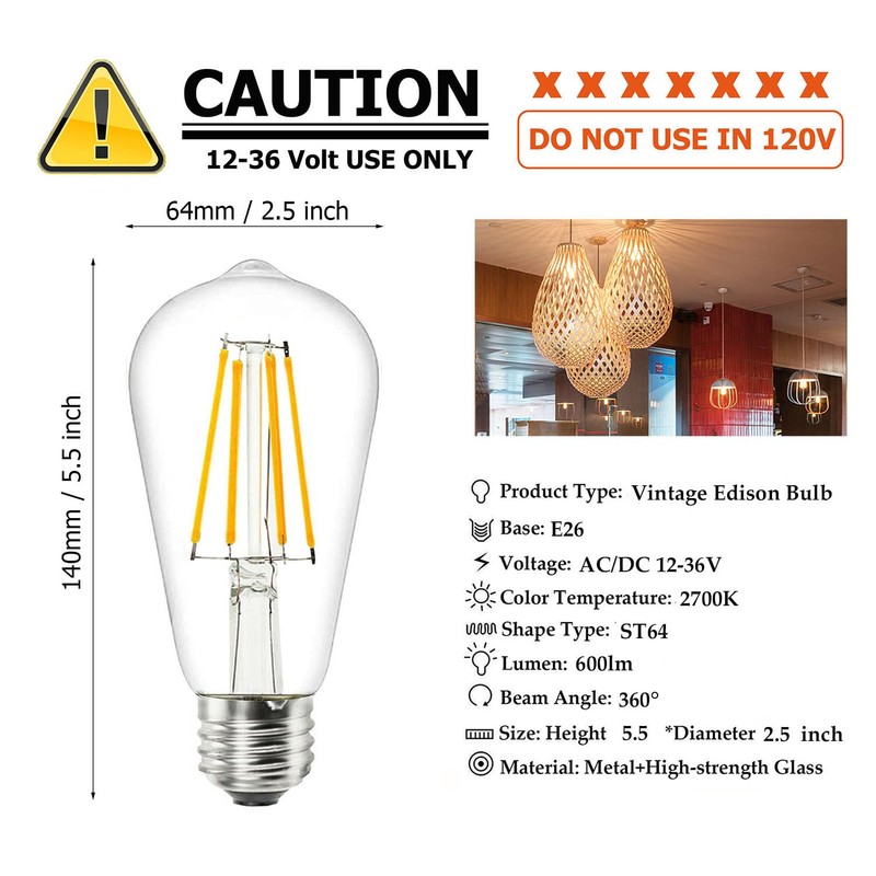 DC 12V ST64 LED Light Bulb 2700k 6W Warm White