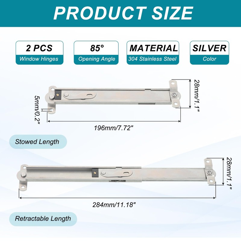 uxcell 2Pcs Window Hinges, 8" 304 Stainless Steel Top-Hung Window