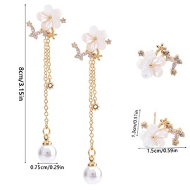 Gold Pearl Flower Dangle Earrings, Dainty Long Chain Dangle Pearl Drop Earrings for Women Shining Flower Wedding Jewelry Accessories for Brides Bridesmaids