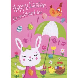 Designer Greetings Bunny in Pink Dress Holding Green and White Umbrella Juvenile Easter Card for Young Granddaughter