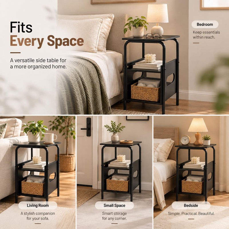 Small Side Table, Narrow End Table with 3-Tier Storage, Coffee