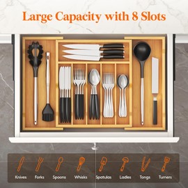 Lifewit Organizador de Cubiertos para Cocina, Bandeja de Bambú para Cajon, Almacenamiento Ajustable de Madera para Cucharas, Tenedores y Cuchillos, Extensible de 33 a 57 cm, Natural