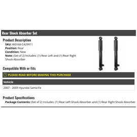Rear Shock Absorber Set of 2 - Compatible with 2007-2009 Hyundai Santa Fe