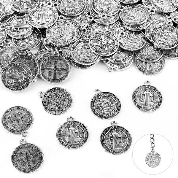 PIAOPIAONIU 50 Pcs Jesus Cross St. Benedict Medals Charms Alloy Religious Pendants Round Double-Sided Loose Beads for DIY Rosary Necklace Bracelet Jewelry Making