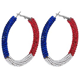 Flongo American Flag Hoop Earrings Glitter Rhinestone French Flag Colour Stainless Steel Diamonds Huggie Hoop Earrings Large Patriotic Earrings Accessories for Women Blue White Red, Stainless Steel
