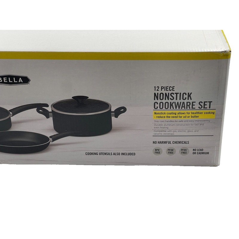 BELLA 12 Piece Nonstick Kitchen Essentials Cookware Set black New