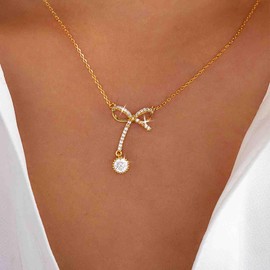 Crystal Bow Pendant Necklace Gold CZ Bow Necklace Rhinestone Bow Choker Cubic Zirconia Bow Knot Necklace Thin Chain Delicate Minimalist Simple Women Wedding Jewellery, Zinc