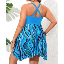 Daci - Traje de baño de dos piezas con pantalones cortos para mujer, traje de baño fluido con control de abdomen, Patrón ondulado azul, 16 Plus