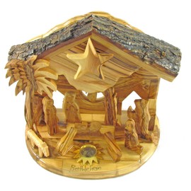 Olive Wood Rotating Star Musical Nativity Scene - Plays Silent Night