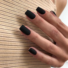 KQueenest Matte Black Press on Nails Short Medium Square, Natural Fake Nails Acrylic for Women Finger Wear, Salon Like Gel Glue on Nails Short Coffin, Fall Winter False Nails Set, 24 Pcs No Glue