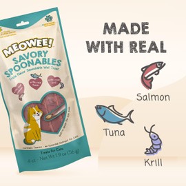 MEOWEE! Savory Spoonables with Real Salmon, Tuna & Krill, 4 Count Tube, Triple Flavor Squeezable Lickable Wet Treats for Cats with Built-in Spoon for Less Mess