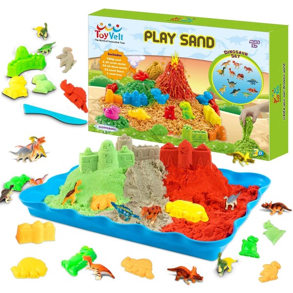 ToyVelt Play Sand Kit Dinosaur Toys, and Dinosaur Figures Set - Incl 14 Molds and 3 Bags of Sand Extra 12 Dinosaur Toys - Gift for Boys and Girls Age 3 -12 Years Old