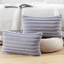 Madizz Set of 2 Faux Fur Plush Decorative Throw Pillow Covers 12x20 inch, 30x50 cm, Grey Fluffy Striped Soft Decorative Cushion Cover for Sofa Bedroom Pillow Shell