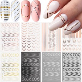 8 Sheets Line Nail Art Stickers Rose Gold Silver Metal Nail Stickers Nail Art Supplies 3D Metallic Curve Stripe Wave Lines Nail Decals French Nail Designs Accessories Striping Tape Wavy Nail Decor