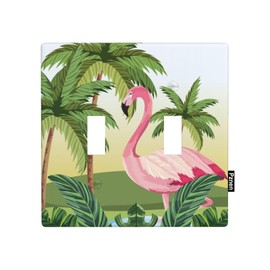 Pznen Beach Flamingo Double Toggle Covers Summer Palm Tree Banana Monstera Leaf Tropical Plant 2 Gang Wall Plate Decorative Light Switch Covers Bathroom Bedroom Home Kitchen