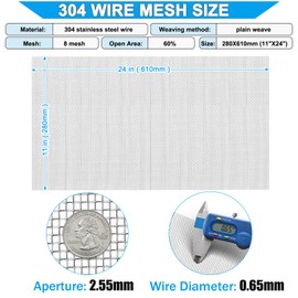 Valchoose 304 Stainless Steel Mesh Screen11"X24"(280X610mm), 8Mesh Non-rusting, 2.55mm Hole Metal Mesh Sheet Sturdy and Easy to Work, Non-corrosive Mesh Screen for Vent, Cage, Garden, Window 1 Roll