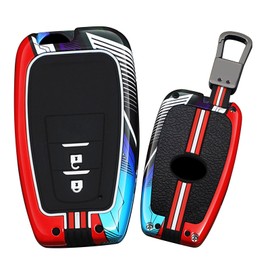 HIBEYO 2 Button Key Fob Cover Compatible with Toyota RAV4 Corolla CHR C-HR Camry Corolla Prado Prius Accessories Metal Painted Sports Style Key Shell with Keychains-2 Button Red