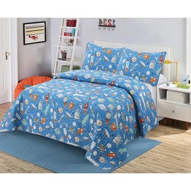 Kids Zone Collection Space Theme Kids/Teens Quilt Bedding Set, Rocket Ships and Astronauts Pattern, Blue Twin New # Rocket