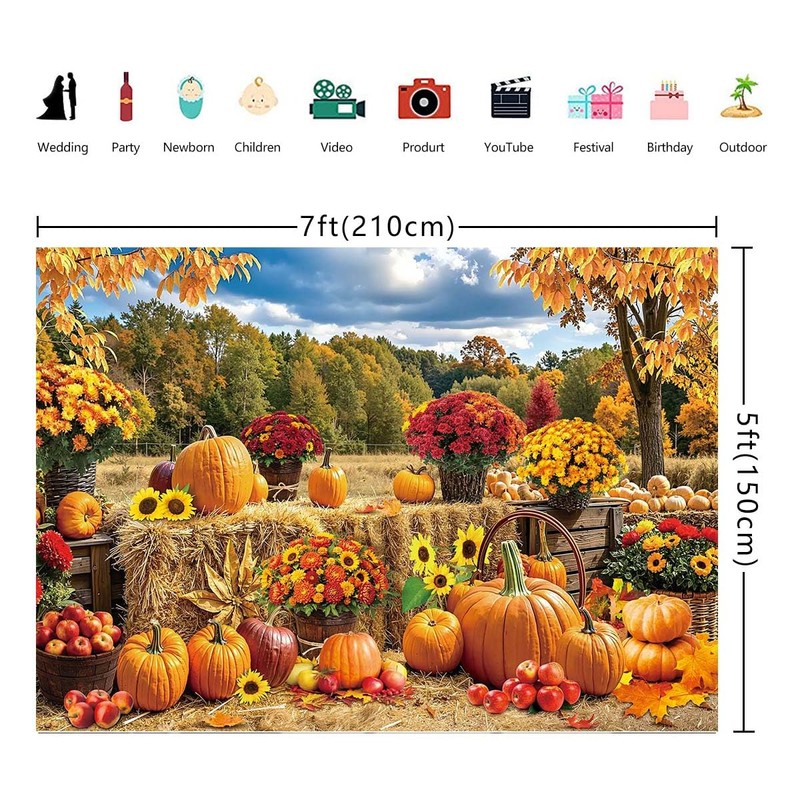 Fall Pumpkin Backdrop Autumn Haystack Hay Bale Maple Leaves Background