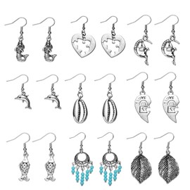 Onnea fashion 9 Pairs Vintage Boho Drop Dangle Statement Earrings Bohemian Style Leaf Earrings for Women (Silver-Dolphin)
