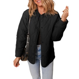 Dokotoo Puffer Jacket Womens Winter Casual Quilted Jackets Fashion Fall Button Down Long Sleeve Drop Shoulder Round Neck Padded Coats Oversized Warm Lightweight Outerwear with Pockets Black M