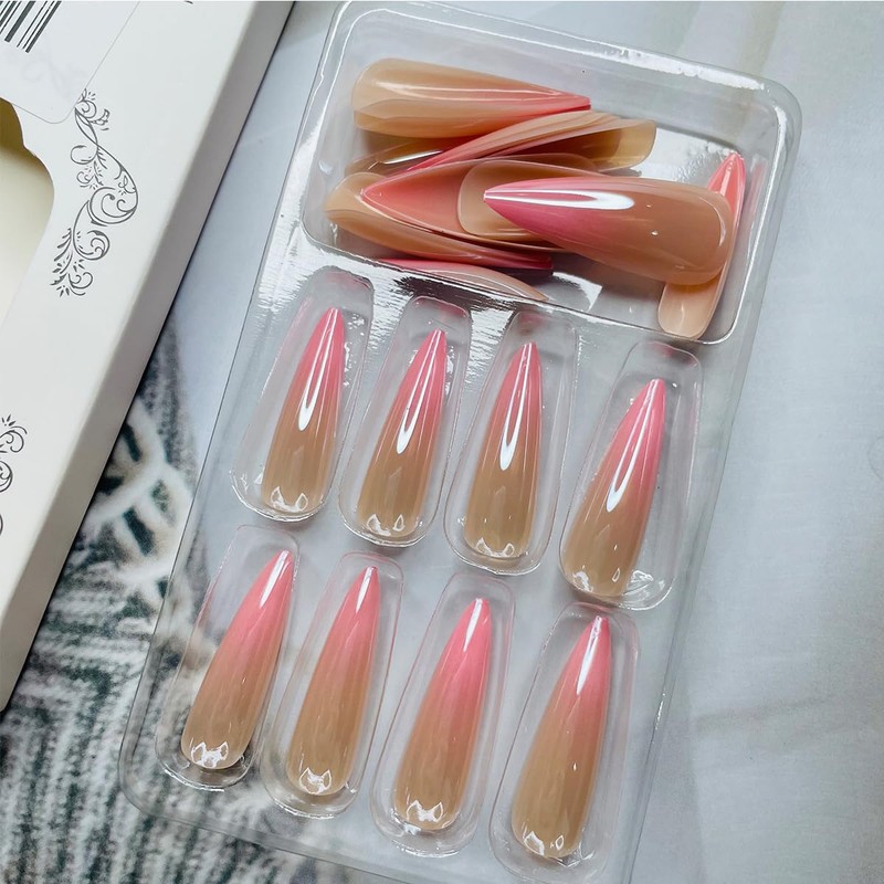 Chrome Pink Press on Stiletto Gradient Glossy Acrylic Aurora Full
