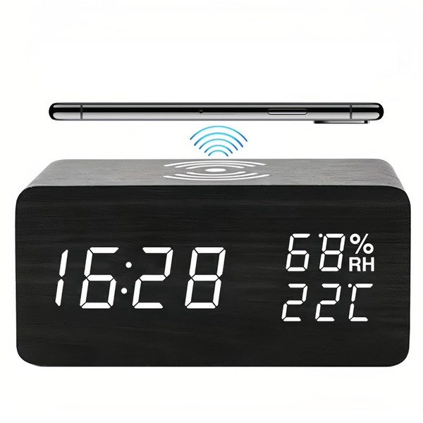 Lancoon Wooden Digital Alarm Clock with LED Wireless Charging Temperature