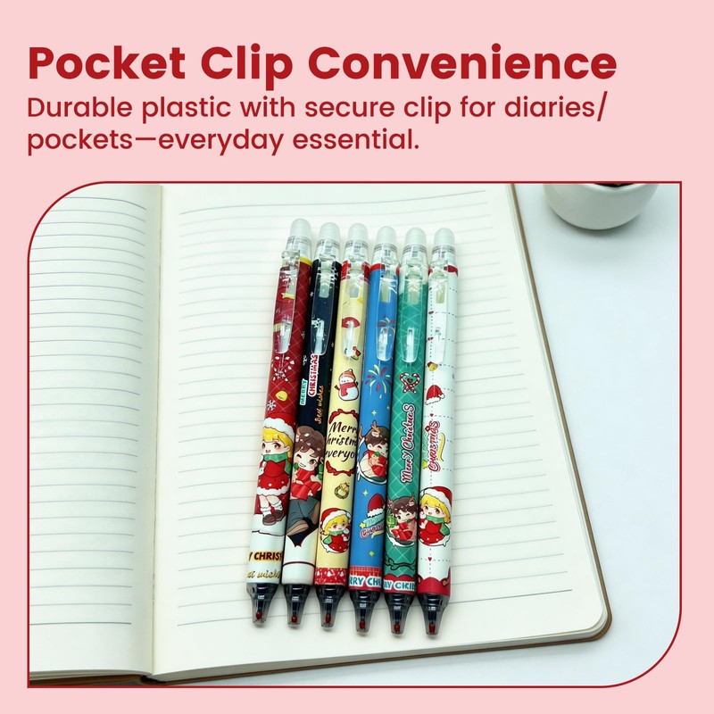 Christmas Erasable Pens 6-Pack – Cute Retractable Gel Pens with
