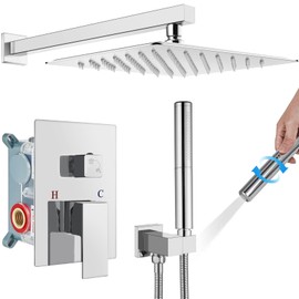gotonovo Chrome Polished Shower Faucet Set 12 Inch Square Showerhead Bathroom Rainfall Shower System Wall Mount Shower Trim Kit 2 in 1 Cylindrical Handheld shower with Rough-in Valve