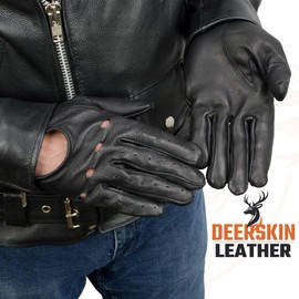 Milwaukee Leather SH869 Men's Black Perforated Deerskin Full Finger Motorcycle Hand Gloves W/Breathable ‘Open Knuckle’ - Small
