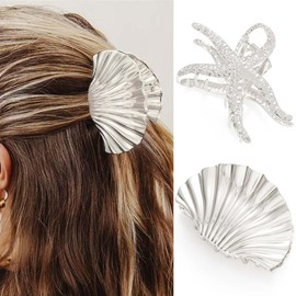 Fashey Seashell Hair Claw Clips Gold Metal Hair Clip Starfish Claw Clip Hair Accessories for Women and Girls (Pack of 2) (Silver)