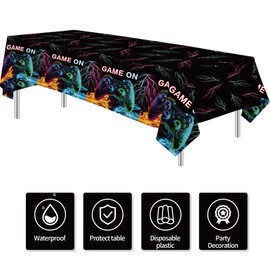 Owelleny Video Game Party Decorations Tablecloth, 3Pcs Disposable Game On Birthday Party Tablecover Supplies, Gamer Gaming Level Up Birthday Table Cloth Decorations, 55in x 86in