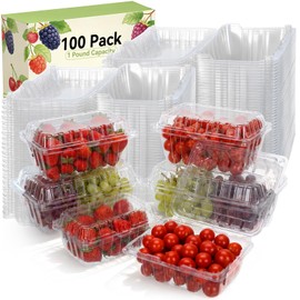 Qinyoung 100 Pack Berry Containers 1 Pound Plastic Fruit Containers with Lids Vented Clamshell Clear Produce Baskets for Fridge, 7.1 x 4.7 x 2.4 Inch Storage Boxes with Covers for Strawberry, Home Use