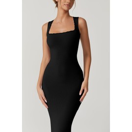 QINSEN Women's Square Neck with Lace Detail Long Maxi Dress Sleeveless Lounge Ribbed Full Length Dresses Black XS