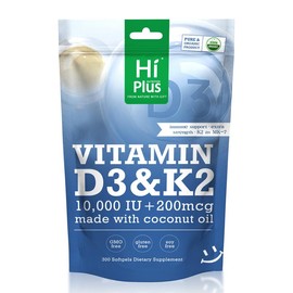HiPlus Vitamin D3 & K2 Softgels | 10,000 IU D3 + 200 mcg K2 | Immune & Bone Support | Made with Coconut Oil | 300 Natural Extra Strength Softgels