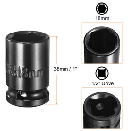 sourcing map Deep 6-Point Impact Socket 1/2" Drive 18mm Metric Socket 1.5" Length with 1/4" Hex Shank Adapter, CR-V Steel Socket Adapter Accessory Tool Set Kit for Hex Bolts Nuts