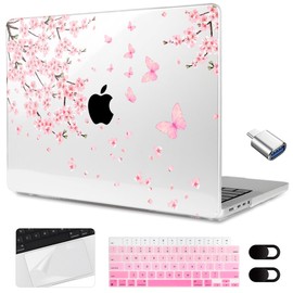MEEgoodo for M3 MacBook Pro 14 inch Case 2023 2021 A2918 A2992 A2779 A2442 M2 M1 Pro/Max, Clear Laptop Hard Shell Cases with Keyboard Webcam Cover & Trackpad Film & Type C Adapter, Cherry Blossoms