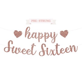 Pre-Strung Happy Sweet Sixteen Birthday Banner - NO DIY - Rose Gold Glitter Sweet 16 Party Banner - Pre-Strung Garland on 8 ft Strands - Rose Gold Birthday Party Decoration. Did we mention no DIY?
