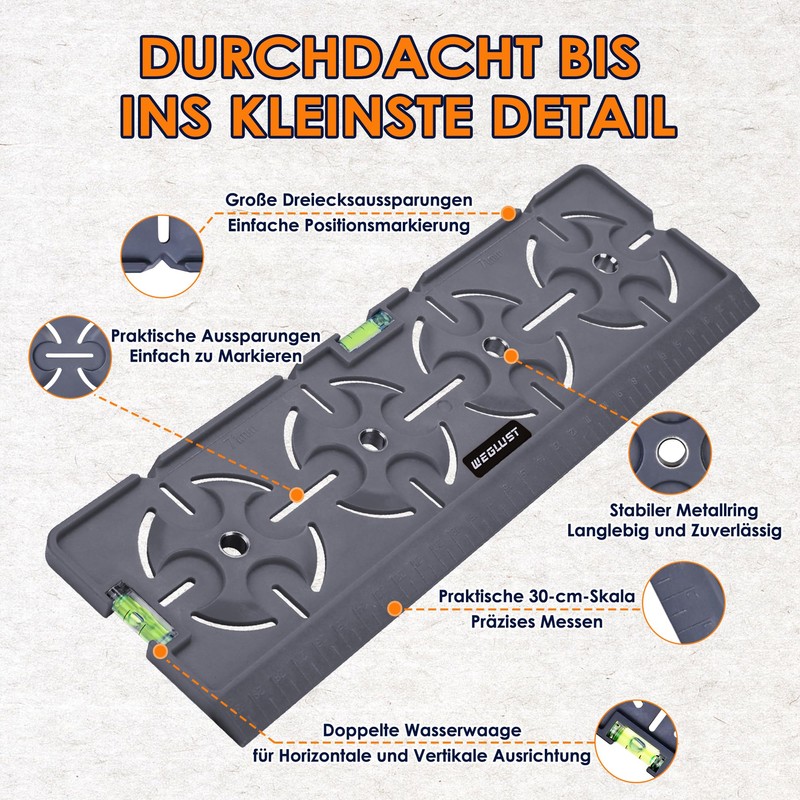 WEGLUST Drilling Template with Spirit Level and Ruler - Multifunctional