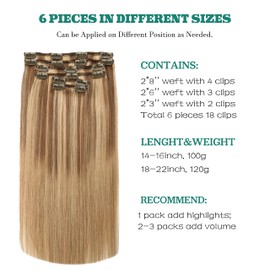 VINBAO Human Hair Extensions Clip in Silk Straight Balayage Ash Brown to Caramel Blonde Highlighted 18 Inch Clip in Extensions Human Hair 120g 6Pcs Clip in Hair Extensions (CLIP#10/16/16-18Inch)