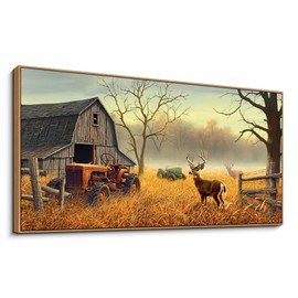 XLSJERST Extra Large Deer Wall Art for Living Room Canvas Prints Decor Decoration Country Tractor Rustic Wildlife Cabin Hunting Picture Glass Surface Artwork Ready to Hang for Bedroom Home Office