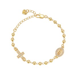 Gold Rosary Bead Cross Bracelet - 14k Gold Plated Virgin Mary Bracelets,Non Tarnish Golden Religious Rosarios Catolicos Virgen de Guadalupe Jewelry,Catholic Confirmation Baptism Gift for Women