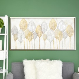 CosmoLiving by Cosmopolitan Canvas Leaf Framed Wall Art with Gold Frame, 55" x 2" x 27", Brown, LARGE SIZE
