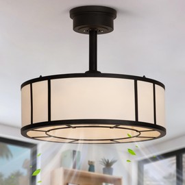 SHLUCE 18in Fandelier Caged Ceiling Fan with Light, 6 Lights, Farmhouse Small Ceiling Fans with Lights and Remote, Rustic Bladeless Ceiling Fans with Lights for Bedroom, Kitchen, White, 6 Speeds